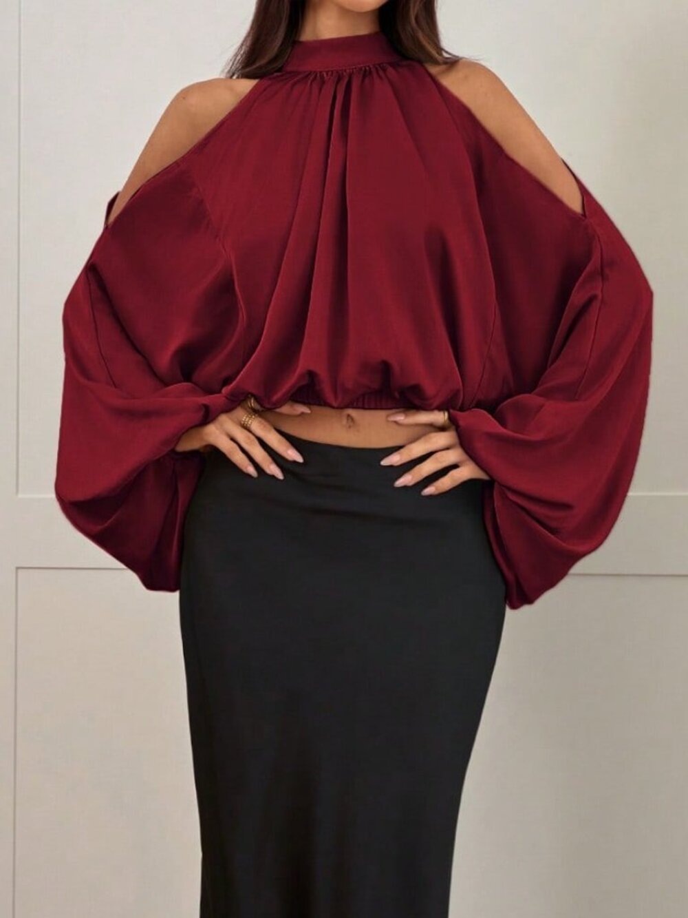 Burgundy Sexy Women's Long Sleeve Puff Sleeve Elegant Party Blouse - Picture 5 of 7